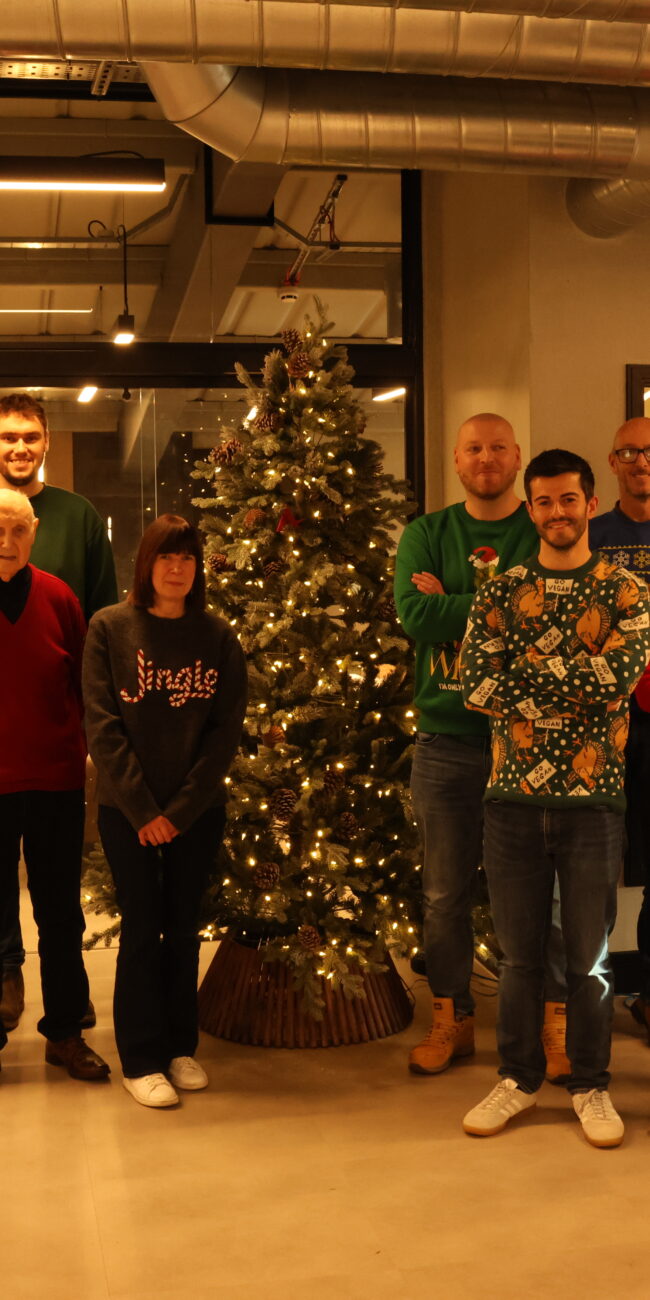 the full abbey team at christmas are lined up in front of a christmas tree