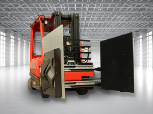 a longhe carton clamp can be seen on the red abbey foklrift truck in an empty warehouse