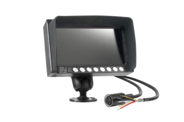 a black rled screen with xlr cable attached to the back can be seen in the centre of a white background