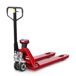 RAVAS 1100 Forklift Mobile Weighing Pallet truck can be seen in front of a white background