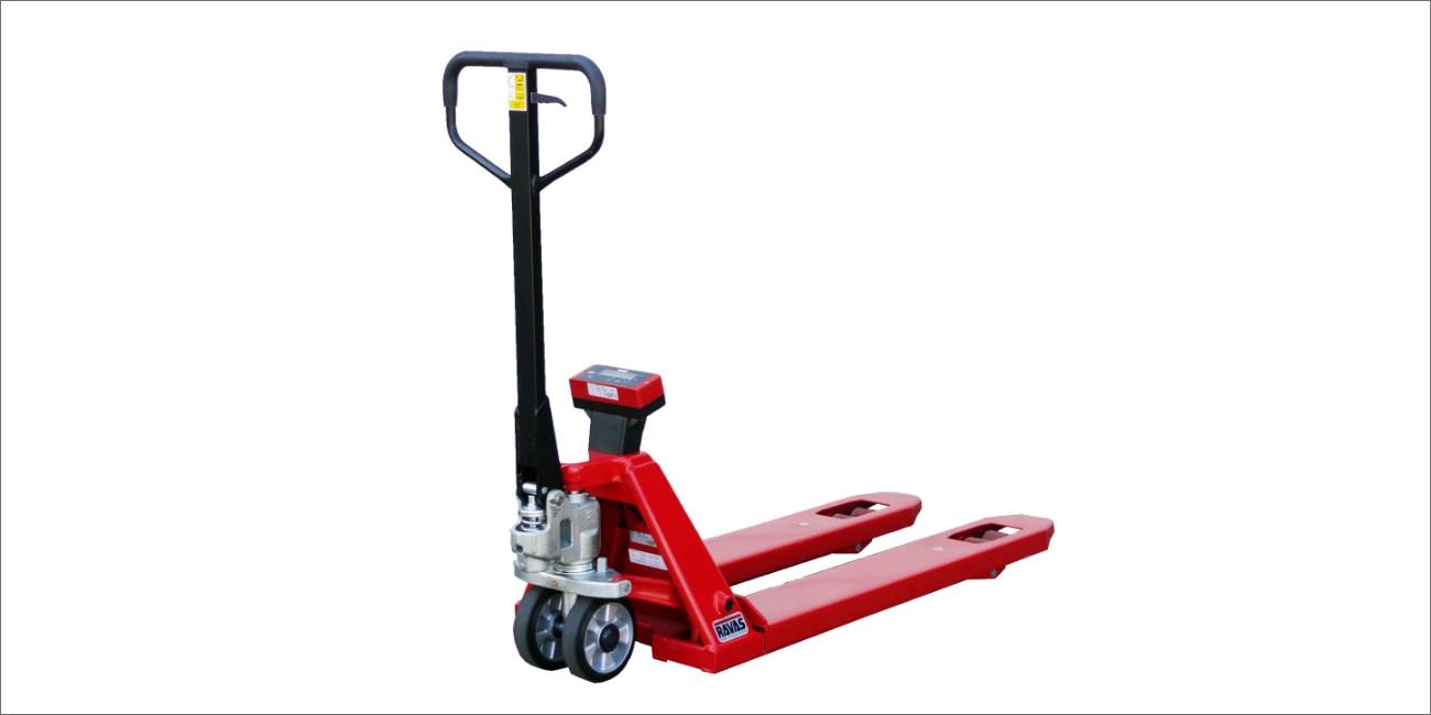 a red ravas electrci pallet truck is positioned facing northways on a white background