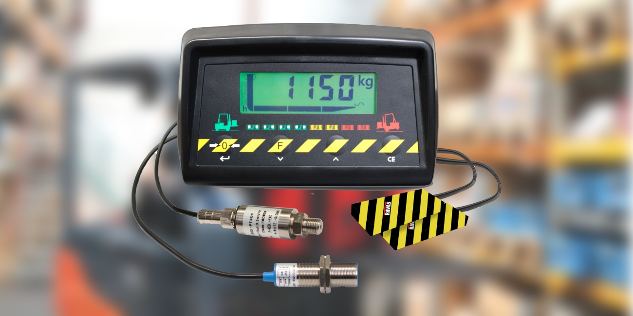 the red ravas safeload system is on a blurred background of an image of the ravas icp on a forktruck