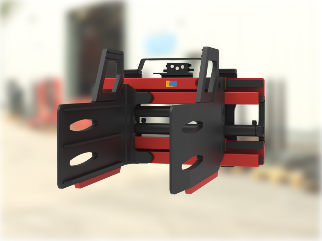 the longhe bale clamp in red and black colours in front of a blurred image