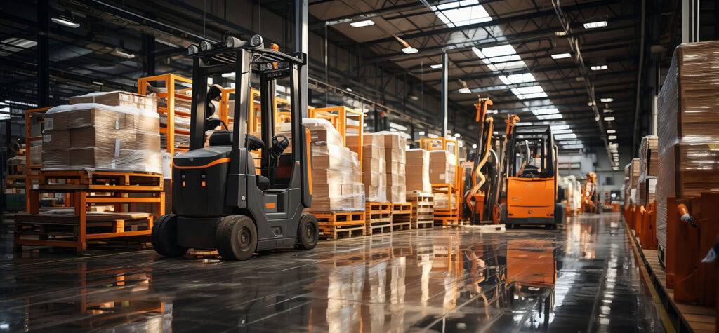 a black forklift is driving along a reflective surface in a large warehouse