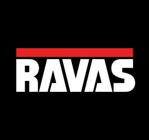 the ravas logo is centrally positioned and in front of a black background