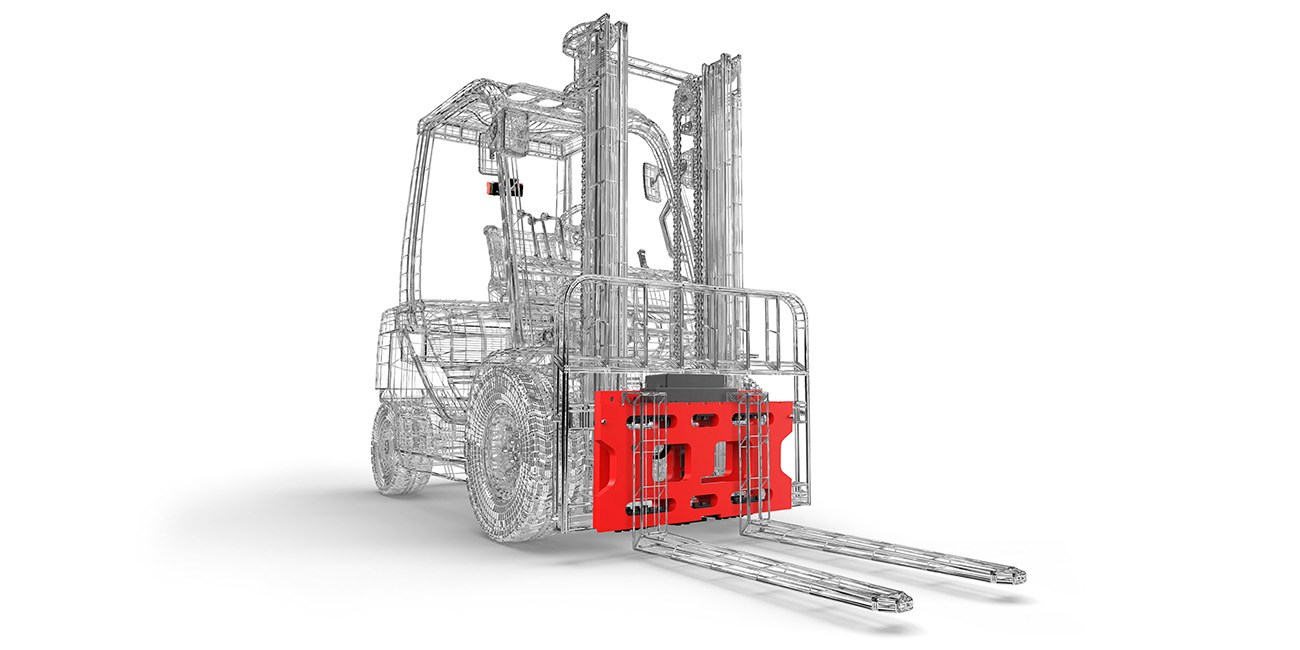 we can see a silver outline of forktruck with the iCP system attached at the front in red