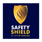 safety shield logo on a a navy background with the be safe shielded motto written in the white and yellow