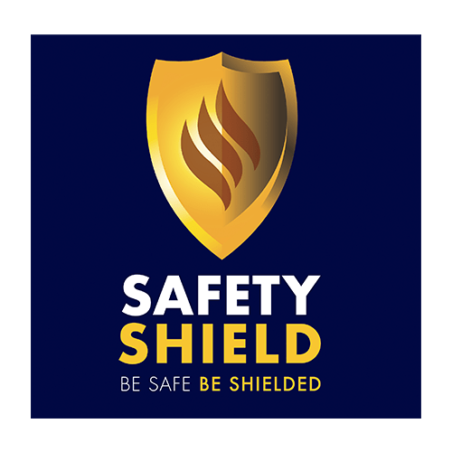 safety shield logo on a a navy background with the be safe shielded motto written in the white and yellow
