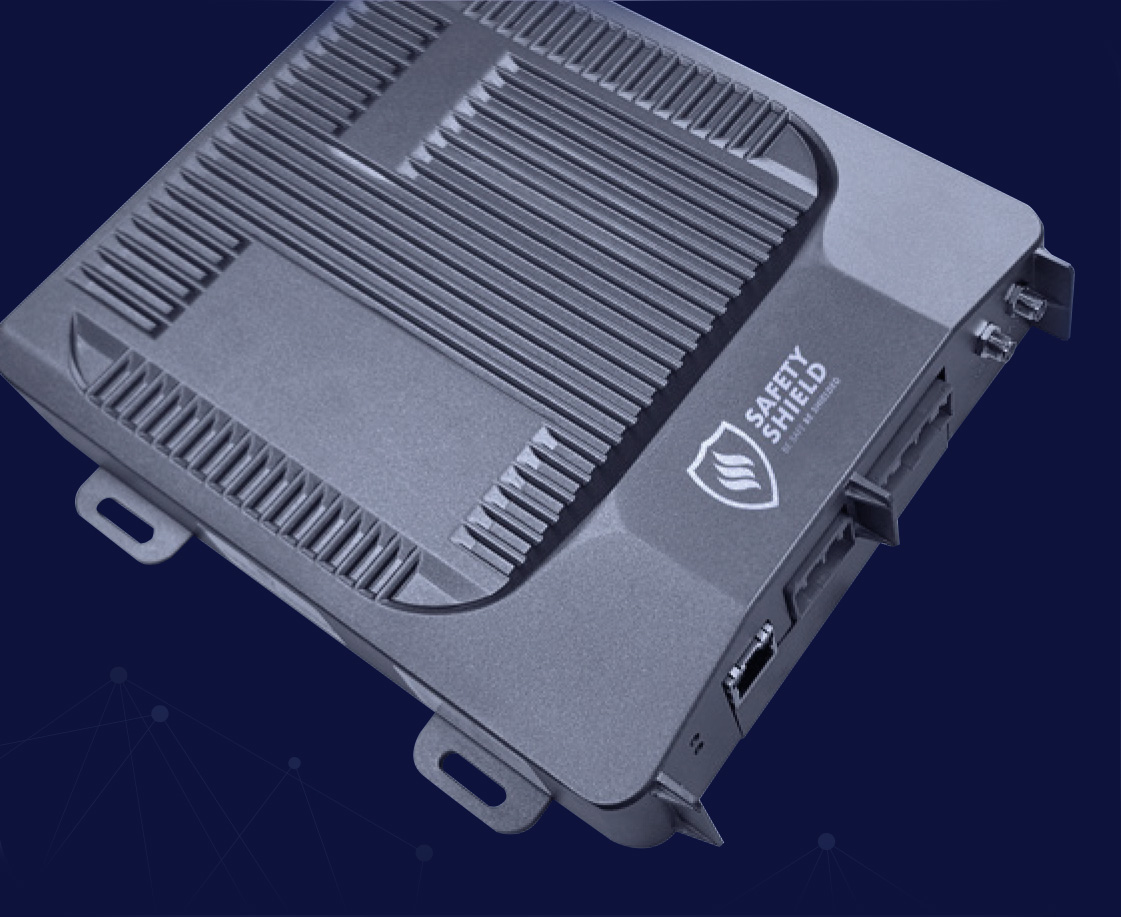 the safety shield ai core system unit in seen at a diagonal angle on a navy coloured background