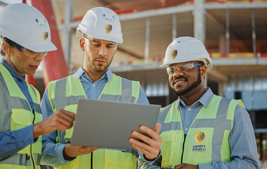 three safety shield warehouse worker wearing hi-vis jackets are smiling at a tablet