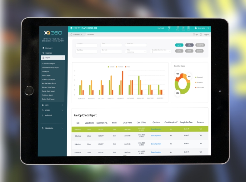 the xq360 forklift telematics system pre op checks dashboard screen is shown on a tablet
